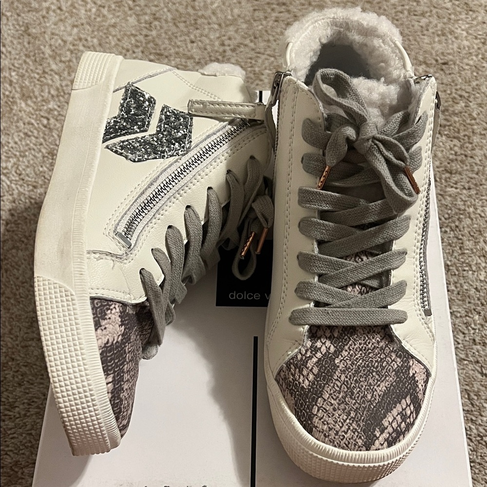 Dolce Vita White and Gray Snakeskin Sneakers